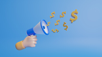 3D cartoon hand holding megaphone for financial opportunities, investing trend announcement,...