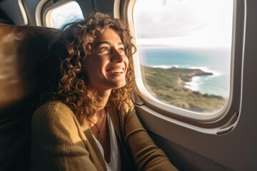 Fototapeta na wymiar A photo of a joyful woman seated by the window on an airplane. Travel Concept. Generative AI