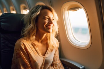 A photo of a joyful woman seated by the window on an airplane. Travel Concept. Generative AI - obrazy, fototapety, plakaty