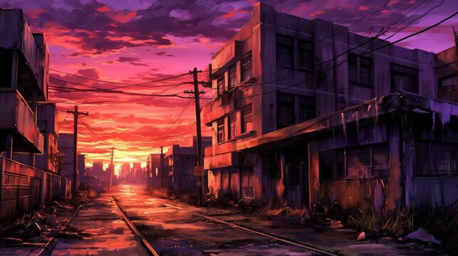 Evening in the City - Dusk in a Desolate Anime Cityscape: HD Wallpaper Depicting an Eerie Abandoned Urban Setting, Generative AI