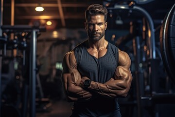 Fototapeta na wymiar Handsome muscular man in gym posing. Generative AI