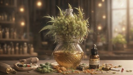 Fototapeta premium Cbd Oil. Thc Tincture. Hemp Leaves. Cosmetics In Glass Bottles. Generative AI