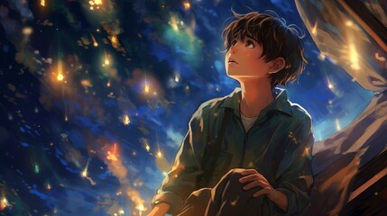 Fototapeta na wymiar Dreamy Anime-Inspired HD Wallpaper: Magical Adventures Await with a Boy Lost in Dreams - Portrait of a Person in the Night, Generative AI
