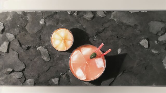 Cocktail. Cooled On Dark Stone. Top View. Generative AI