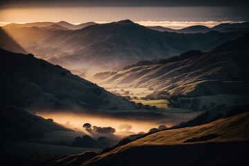 Fototapeta na wymiar Foggy valley and mountains. Impressive landscape. Generative Ai