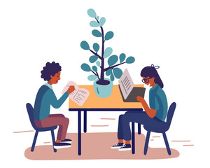 Children sitting at the table with a book and a tablet, back to school, home schooling, vector illustration in a flat style.
