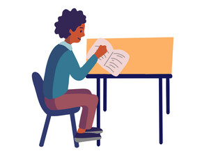 Boy sitting at the table with a book or notebook, back to school, homeschooling, flat style vector illustration.