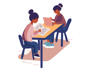 Fototapeta na wymiar Children sitting at the table with a book and a tablet, back to school, home schooling, vector illustration in a flat style.