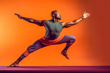 Fototapeta na wymiar Athletic man in dynamic pose, dance, orange background, studio portrait. Generative AI