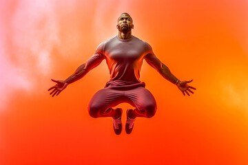 Fototapeta na wymiar Athletic man jumping in midair, dynamic pose, floating, orange background. Generative AI