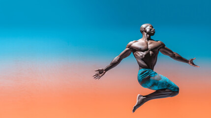 Fototapeta na wymiar Athletic man jumping in dynamic pose, midair, floating, dance, shirtless, blue and orange gradient background, copyspace. Generative AI