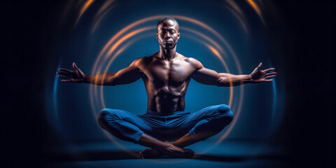 Fototapeta na wymiar Athletic man sitting cross legged in meditation yoga pose, shirtless, wide. Generative AI