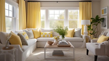 Living room with soft pillows with white and yellow interior