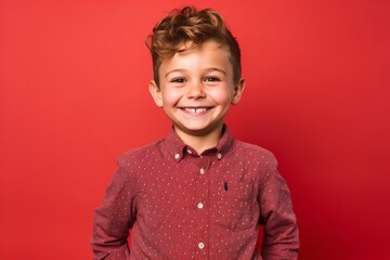 Headshot portrait photography of a joyful boy in his 30s putting hands on hips against a red background. With generative AI technology