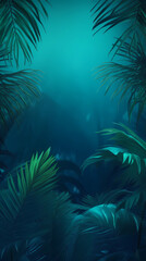 Fototapeta na wymiar Tropical cerulean moonlight jungle backdrop. Ferns, palms foliage mobile wallpaper with copyspace.