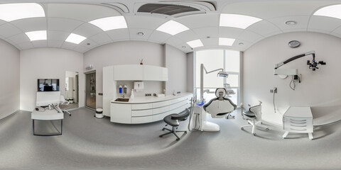 full hdri 360 panorama in surgeon orthopedist therapist cabinet dental office with modern equipment...