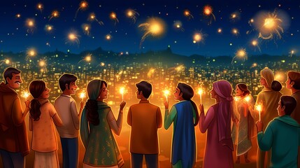 Fototapeta na wymiar Happy indian family celebrating Diwali festival, Generative Ai