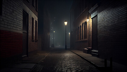Dark empty old night street smoke smog. Ai generated image