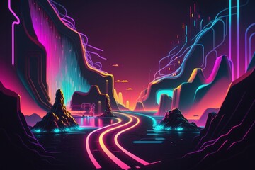 Fantasy landscape with mountains and neon lights. 3d Digital illustration, generative Ai