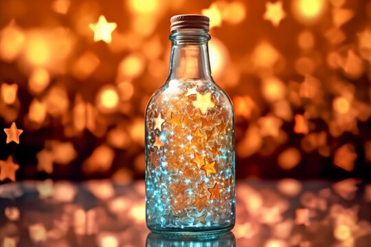 Bottle of magic elixir with stars on bokeh background, generative Ai