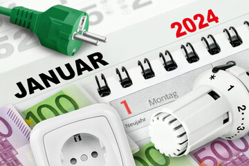 Energie und Deutscher Kalender Datum 1. Januar 2024 Heizungsthermostat, Euro Geldscheine und Steckdose - obrazy, fototapety, plakaty