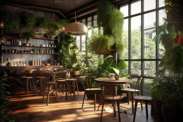 Fototapeta na wymiar Cafe interior in botanical style with plant. Generative AI