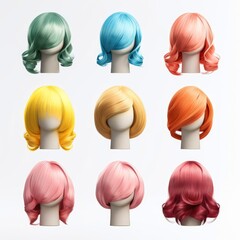 Hair wig over the plastic mannequin head isolated over the white background, mockup featuring contemporary women's hairstyles, Generative AI illustration