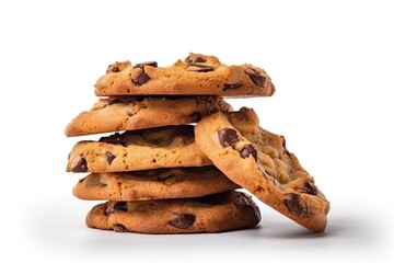 Close up of fresh biscuits. Delicious homemade cookies stack. Sweet snack chips on white background isolated