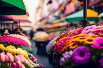 panoramic view of an blurred market with a bunch of flowers in the foreground. generative ai