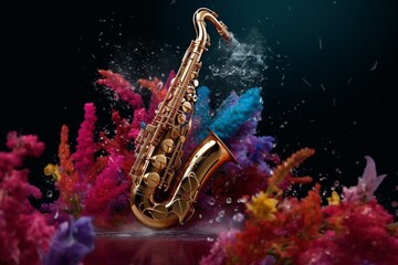 Fototapeta na wymiar Saxophone in vibrant flora surrounded by water splashes in a banner, isolated with room for text. Generative AI