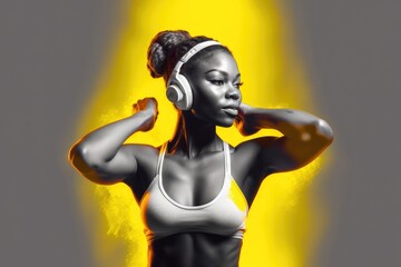 Young woman listening to music while flexing her muscles. Generative AI