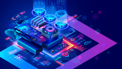 Hardware electronic development concept. Electronic circuit board or motherboard with CPU chip or processor, memory board, GPU, coolers, over computer parts. Upgrade, repair of electronic devices.