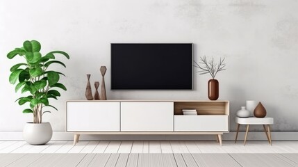 Modern minimalist living room with TV. Generative AI