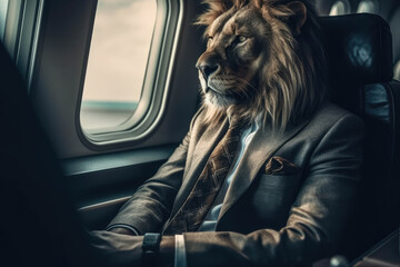 Business lion wearing suit sitting business class in the airplane seat by the window , Created with generative AI