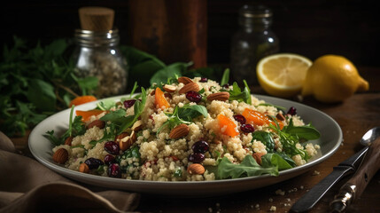 A plate of nutritious quinoa salad with mixed greens, roasted vegetables, and a zesty lemon vinaigrette