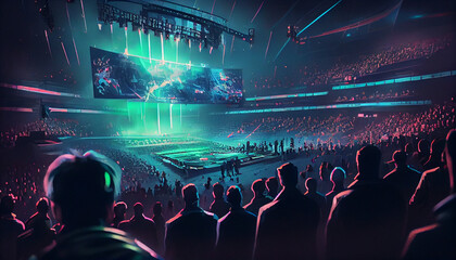 Esport event with a lot of people in a stadium watching big screen Ai generated image