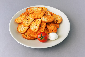 Toasted bread slices with tomatoes and mozzarella on a gray background