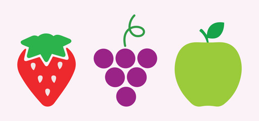 Strawberry, apple, grape berry fruit. Tasty, delicious. Healhy food, sweet, organic, natural, summer. Vector, icon, symbol, illustration