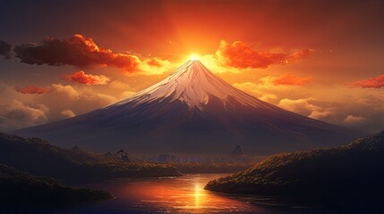 Mount Fuji with sun. Mountain Fuji. Generetive Ai - obrazy, fototapety, plakaty