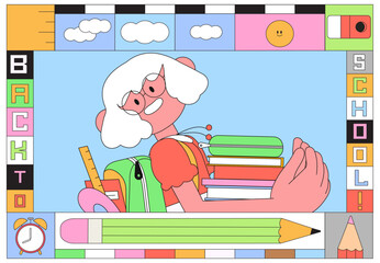 Girl walk to elementary or middle school vector illustration. Happy pupil or preschooler hold books banner, poster, placard. Child with backpack and study supplies. Back to school concept in collage.