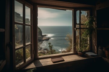 Fototapeta na wymiar Scenic ocean view from a window. Generative AI