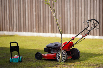 Toy and real mowing lawn in backyard. Work in garden, kid learn.