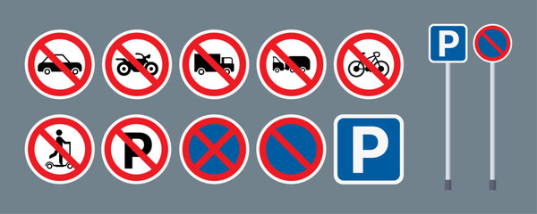 Vector sets of parking bays and no parking sign board guidance. Letter P parking symbol sign for car, vehicle, motorbike, bicycle, scooter and truck. No Parking Allowed, Do Not Park Car. Vector. - obrazy, fototapety, plakaty