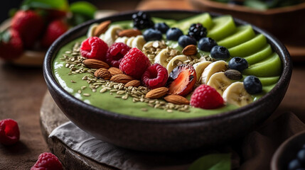 A close-up of a green smoothie bowl topped with sliced fruits, nuts, and seeds