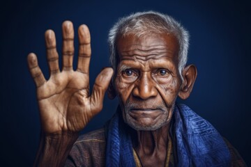 Close-up portrait photography of a tender old man making a no or stop gesture with the extended palm against a deep indigo background. With generative AI technology