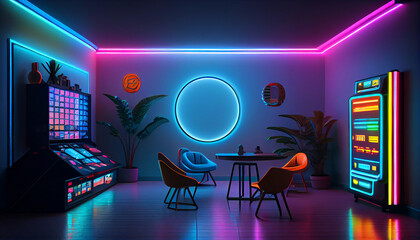 Interior of colorful modern gaming room with neon lighting Ai generated image