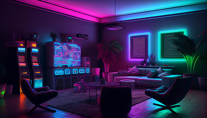 Interior of colorful modern gaming room with neon lighting Ai generated image