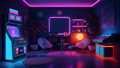 Interior of colorful modern gaming room with neon lighting Ai generated image