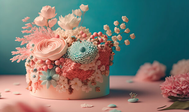 Fantasy cake, fantasy color scheme, colorful fantasy cake arrangement, food photography, background