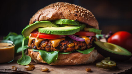 A close-up of a vegan burger made from lentils and sweet potatoes, served on a whole grain bun with fresh toppings